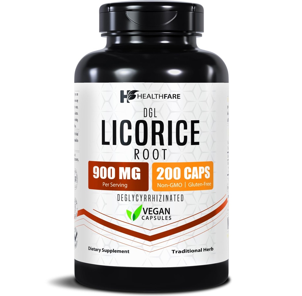 Healthfare Lagrice Juur Extract 900mg | 200 Vegan Kapslid DGL Supplement | Extra Tugevus Taimne valem | Mitte-GMO, Gluteenivaba | Valmistatud USAs