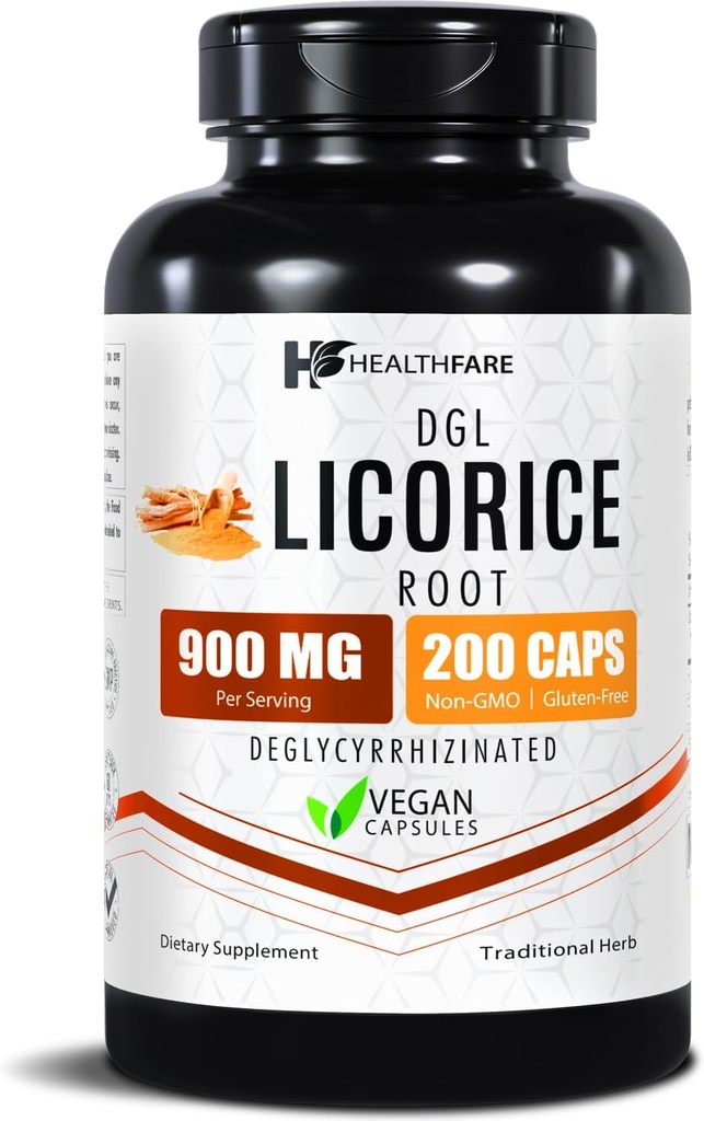 Healthfare Licorice Root Extract 900mg | 200 Vegan Capsules DGL Supplement | Extra Strength Herbal Formula | Non-GMO, Gluten-Free | Made in USA