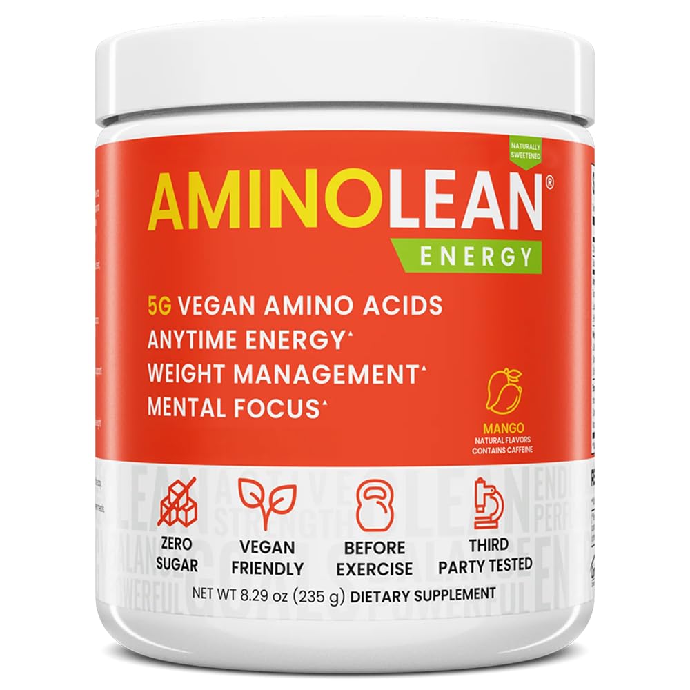 AminoLean Natural Pre Workout Pulber, Sukraloosivaba Amino Energia Ilma Kunstlike Värvideta, Vegan BCAA ja Kaalujuhtimine, Mango, 25 Serv