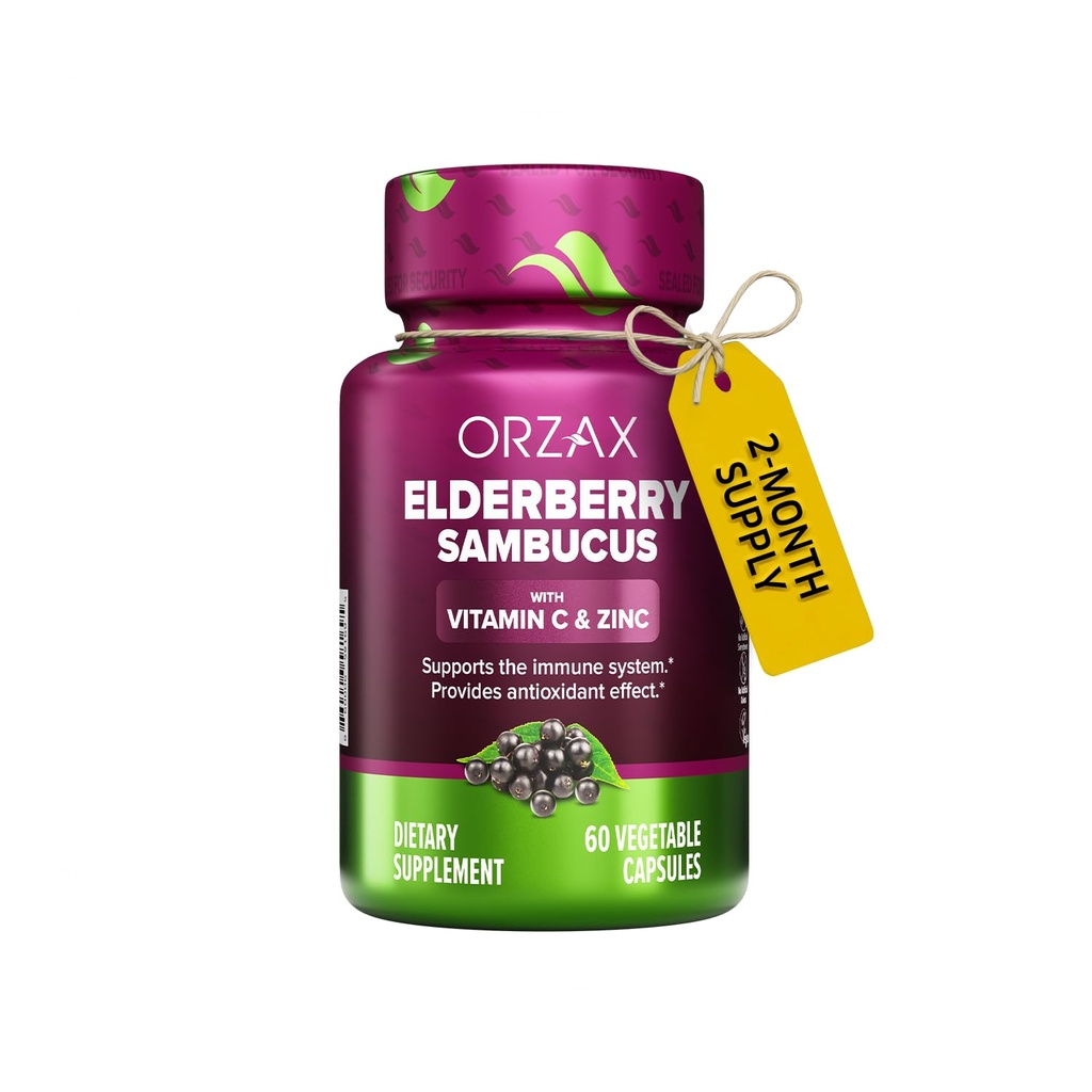 ORZAX Elderberry kapslid - Immuunsüsteemi tugilisa Elderberry C-vitamiin ja tsink - Antioksüdandid täiendus naistele ja meestele (60 köögiviljakapslit)