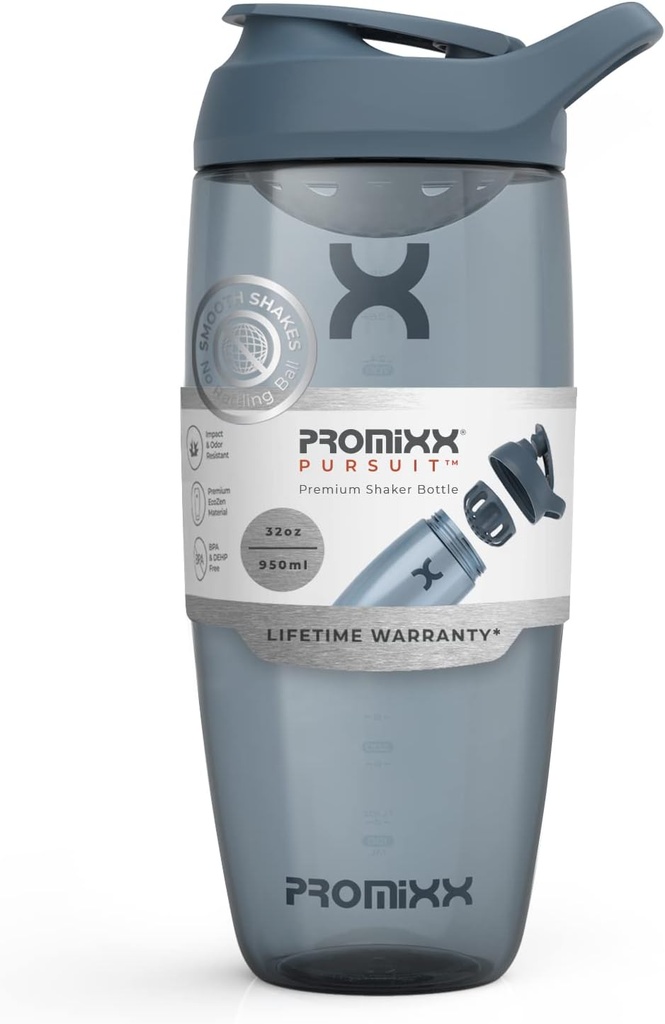 Promixx Pursuit Protein Shaker Bottle (32 oz) – Silent No-Ball Mixer, Leak-Proof Lid, BPA/BPS & Phtalaat-Free ECOZEN – Easy- Clean Shaker Cup for Protein Shakes, Pre & Post-Workout Smoothies