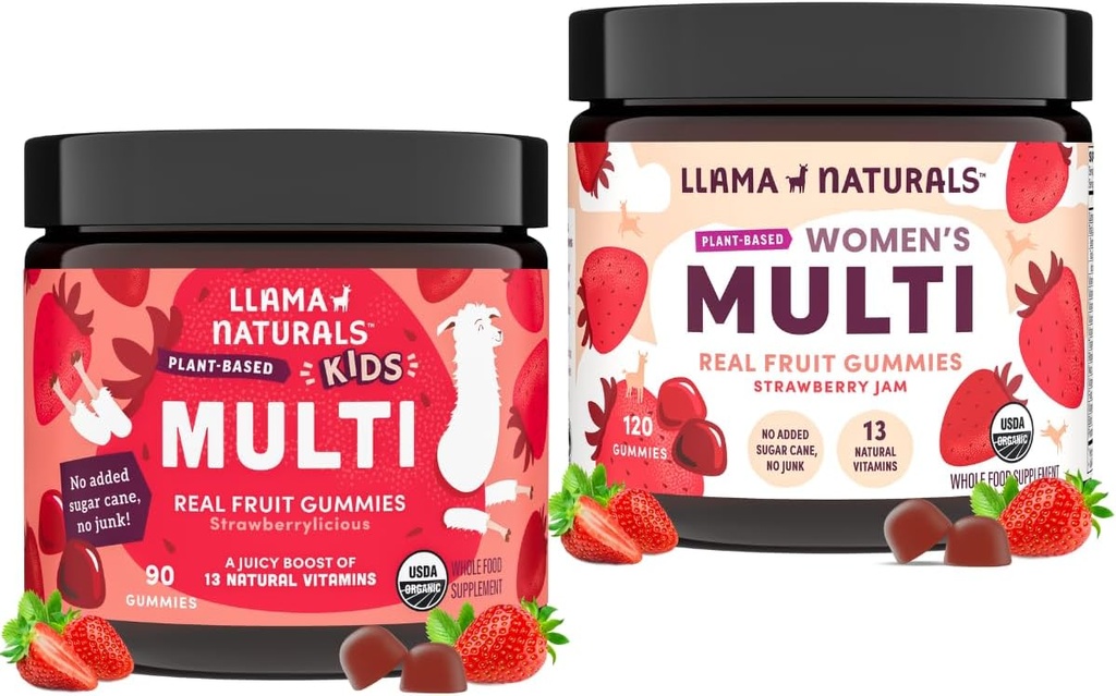 Llama Naturals Real Fruit Multivitamiinid Gummies | Laste ja naiste kogu toidu baasil vitamiinid | Lisamata roosuhkur | Orgaaniline, vegan, näritav | 90 ct & 120 ct | Maasikas
