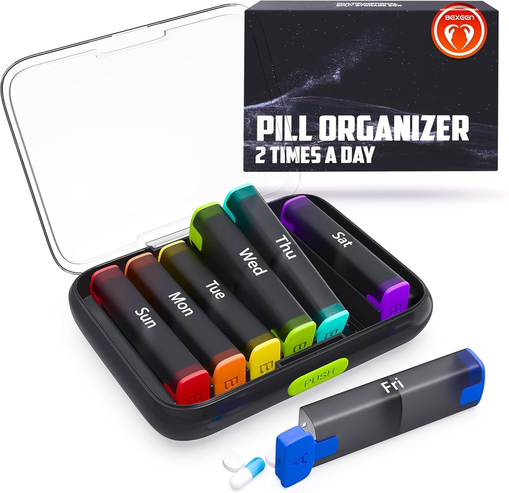 BEXEEN Weekly Pill Organizer 2 korda päevas - Pill Box 7 Day Am Pm - Travel Medicine Organizer Twice Daily Vitamin Holder Portable Supplement Case Week Morning Night Med Dispenser Eemaldatav konteiner