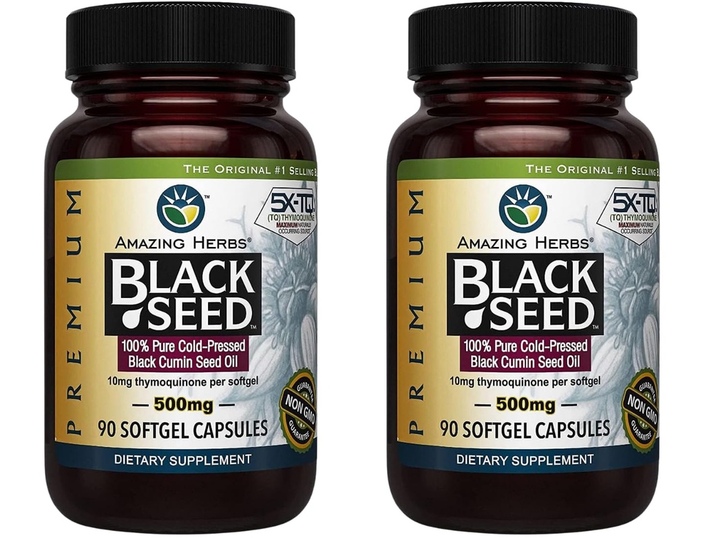 Hämmastavad maitsetaimed Premium Black Seed Oil Kapslid - Gluteenivaba, Non GMO, külmpressitud Nigella Sativa Aids in seedetrakti tervis, immuuntoetus, aju funktsioon - 90 Count, 500mg (pakk 2)