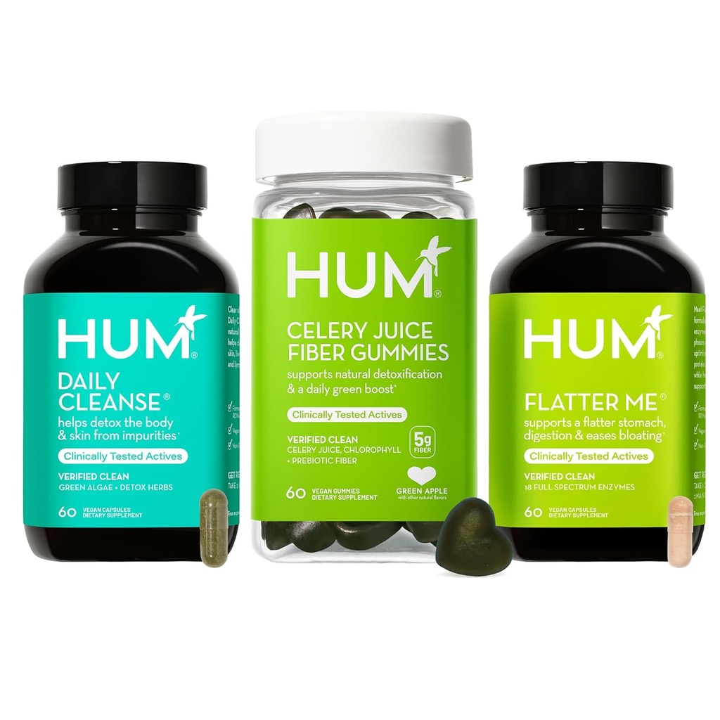 HUM Green Detox Bundle koos Flatter Me Seedetrakti Ensüümid, Daily Cleanse Acne Supplement ja sellerimahla Fiber Gummies klorofüll, 3-astmeline Wellness Set, toetab seedetrakti ja soolestiku tervist