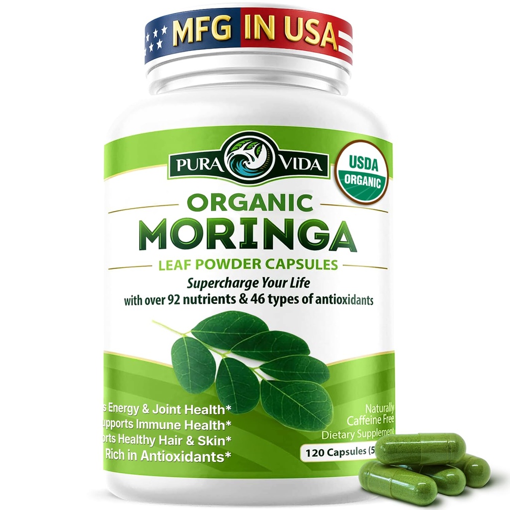 PURA VIDA MORINGA kapslid Üksik päritolu Moringa Pulber Orgaaniline. Pure Moringa Leaf. Energia, ainevahetus ja immuunsuse tugi. 120ct. 500 mg kapslid.