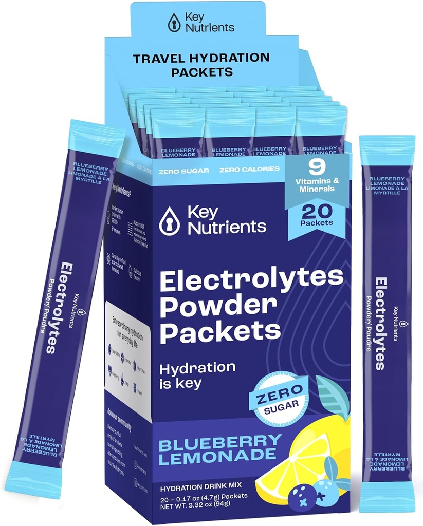 PÕHITOITAINED Multivitamiini elektrolüütide pulbripaketid - Maitsev mustika limonaadi 20 pakendi hüdratatsioonipaketid - Travel Hydration Powder - No Sugar, No Calories, Gluteenivaba - Made in USA