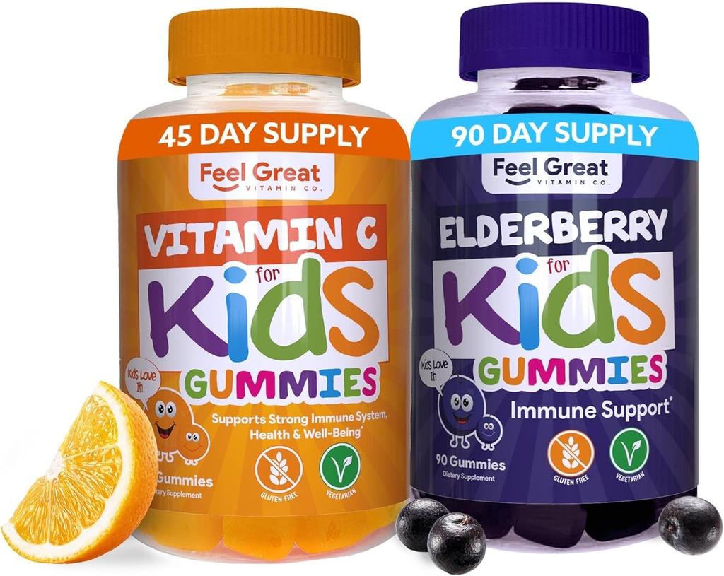 Feel Great Immun Support Gummies for Kids Duo - 90 päeva pakkumine - tsink, C-vitamiin, Elderberry - Gluteenivaba, taimepõhine - maitsev marjad ja tsitruskummid