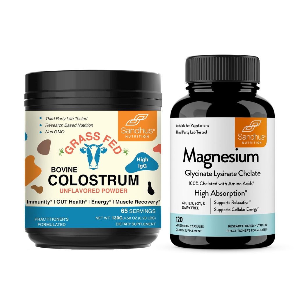 Sandhu's Bovine Colostrum Pulber & Magneesium Glycinate Lüsinaat Kapslid | Aitab Soolestiku, Immuunse Nõmme Ja Une Tugi