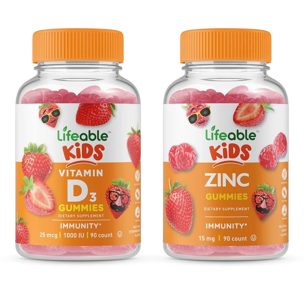 Elujõuline D-vitamiini lapsed + tsink lapsed, Gummies Bundle - suurepärane maitse, vitamiinilisand, Gluteenivaba, GMO-vaba, närimiskumm