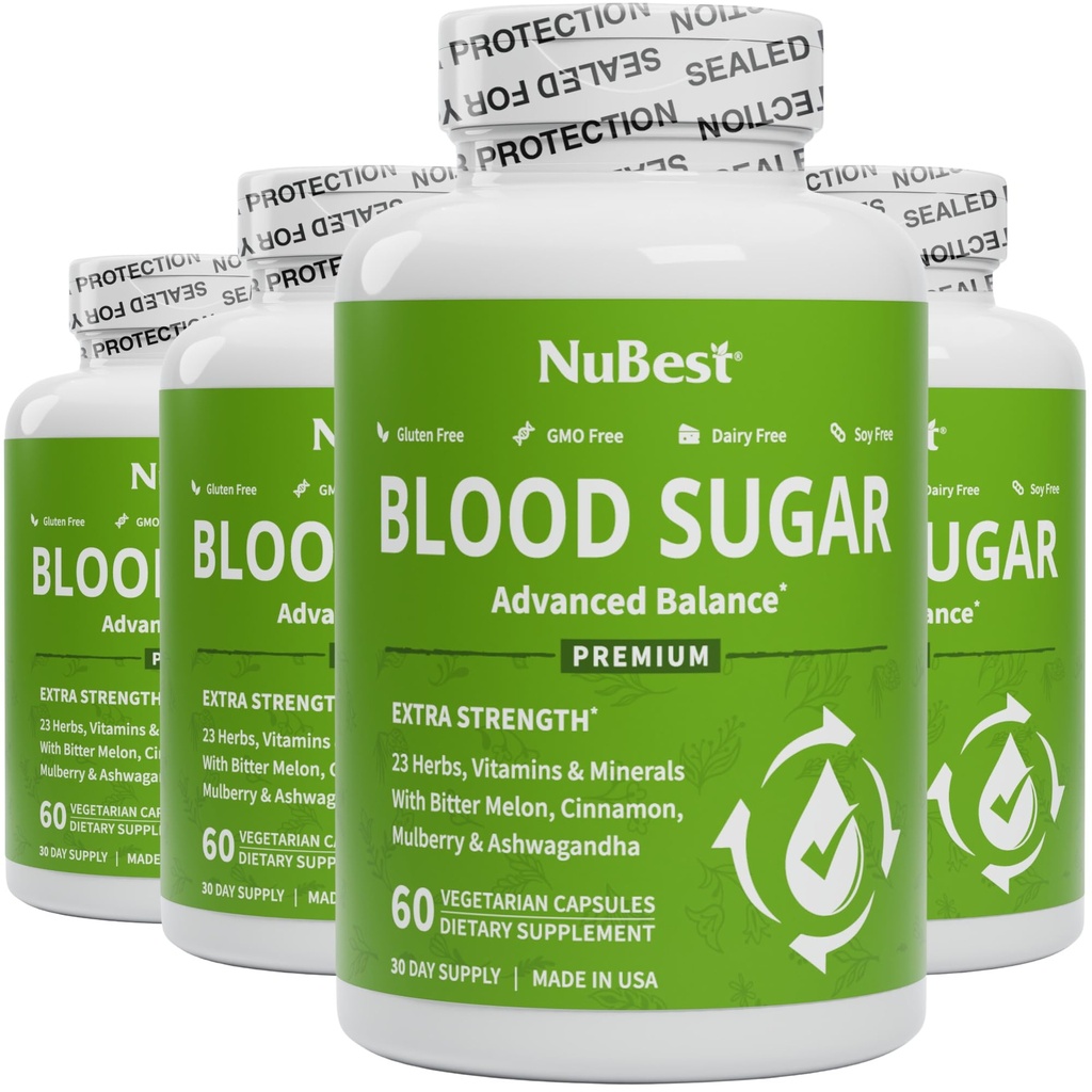 NuBest Blood Sugar - Premium valem mõru melon, ashwagandha, kaneel, kroom, magneesium, vitamiinid, alfa-lipohape, Cayenne Pepper - toetada tervislikku veresuhkrut - Pack 4