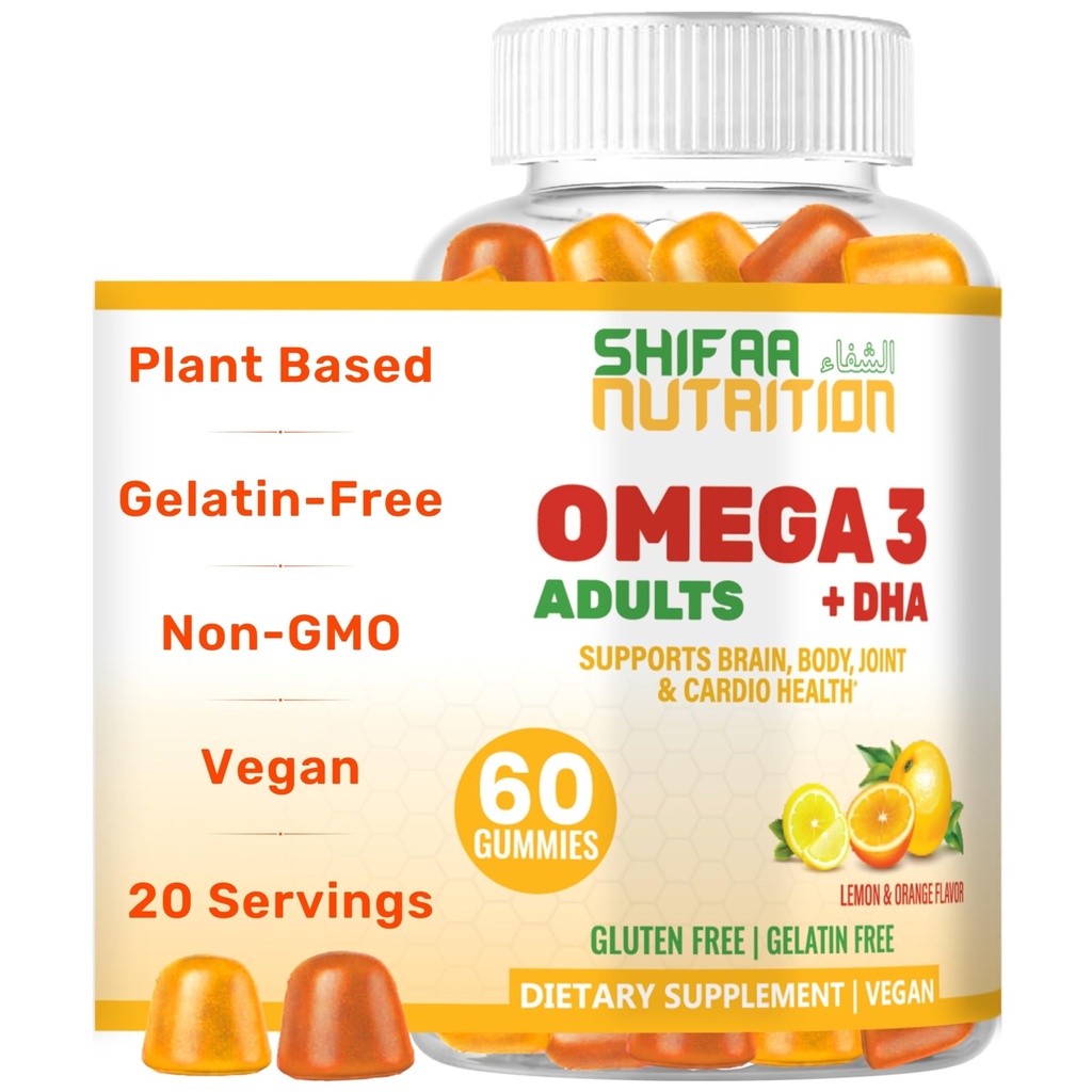 SHIFAA TOITUMINE Vegan Omega 3 Gummies täiskasvanutele | No Fish Oil Burps | 60 Gummies | Plant Based w/Chia Oil, Vetikad | Omega 3 6 9 w/DHA, C-vitamiin | aju, südame-veresoonkonna ja immuunsüsteemi tugihalal
