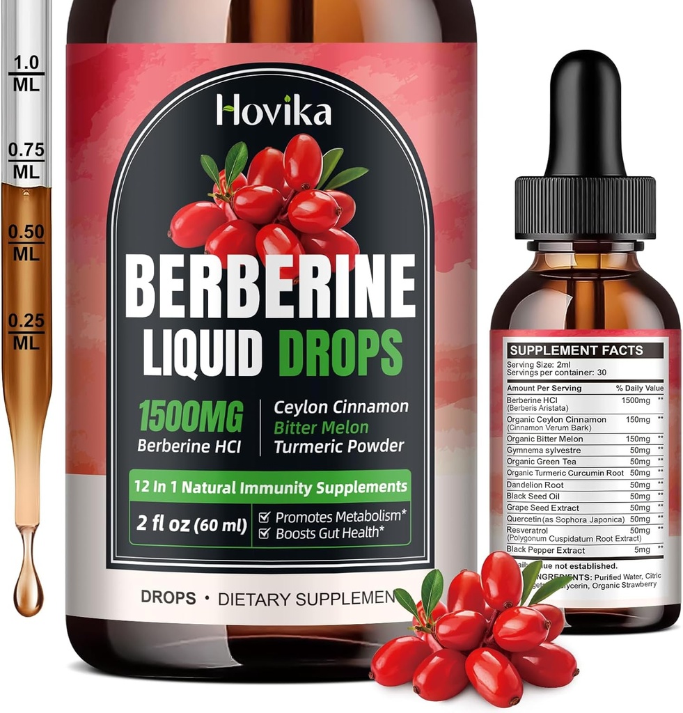 Berberine HCL Vedeliktilgad - 1500 mg Väga imenduv Berberiin Vedeliktilgad - Berberine Veggie täiendus immuunsüsteemile, seedesüsteemile ja südame tervise toetamisele, maasikamaitse - 2 FL Oz