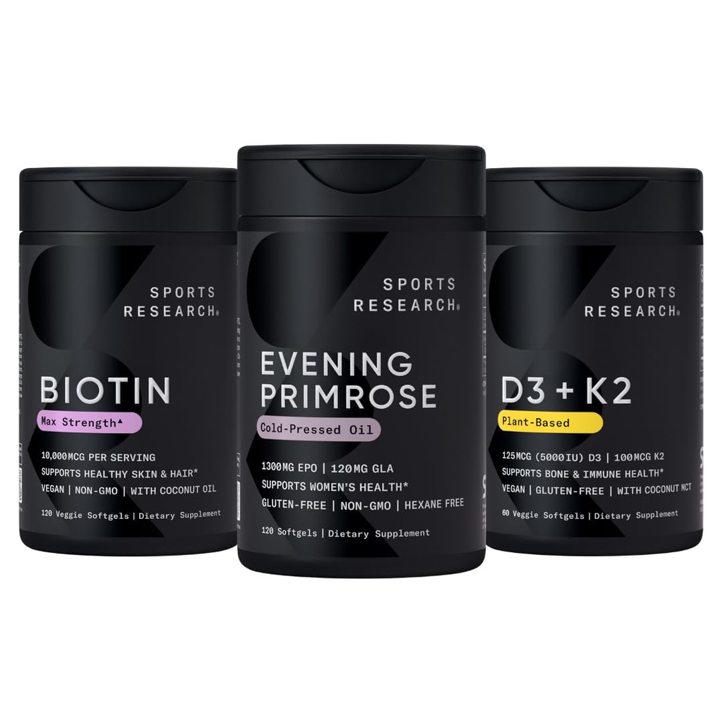 Sport Research Vegan Biotin 10 000 mcg kookosõli, Õhtune Primrose täiendada külmpressitud õli ja taimset vitamiini K2 MK7 + Vegan D3 5000iu