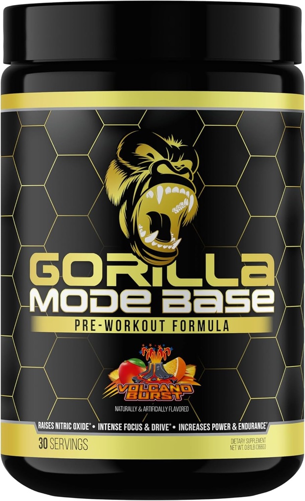Gorilla Mind Base Pre Workout - tõstab lämmastikoksiidi intensiivse fookuse ja ajami vastupidavuse võimsust - L-tsitrulliin, L-türosiin, Betaiin, Alpha-GPC, kofeiin, Huperzine A - 360 Grams (Volcano Burst)