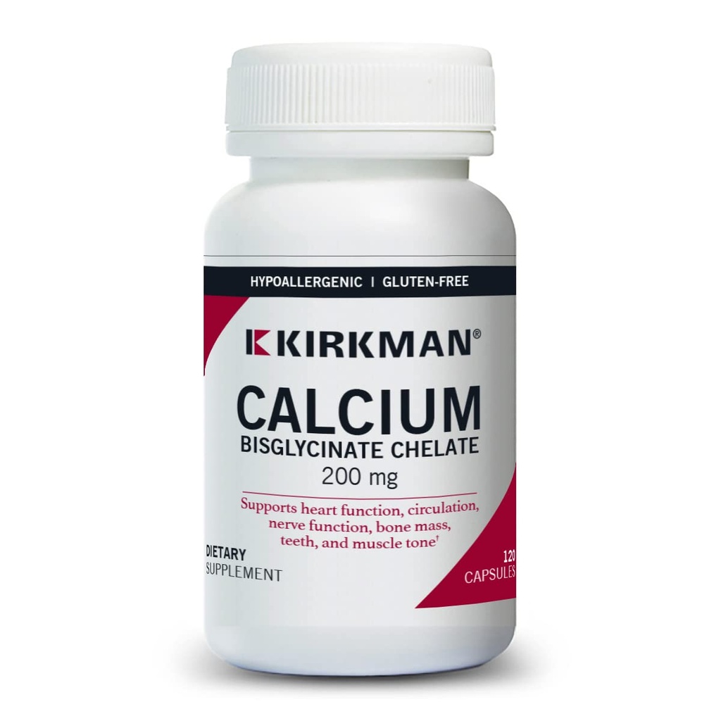 Kirkman - Kaltsiumbiglütsinaat Kelaat 200 mg - 120 kapslit - Ilma D3-vitamiinita - aitab säilitada tugevaid luid - hüpoallergeenne