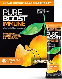 Pureboost Immune Clean Energy Booster, värskendav energiajoogi segu ja immuunsuse lisand leedrimarjaga, 1200 mg C-vitamiini, A + D-vitamiine ja tsink (mandariini Twist, 30 krahv)