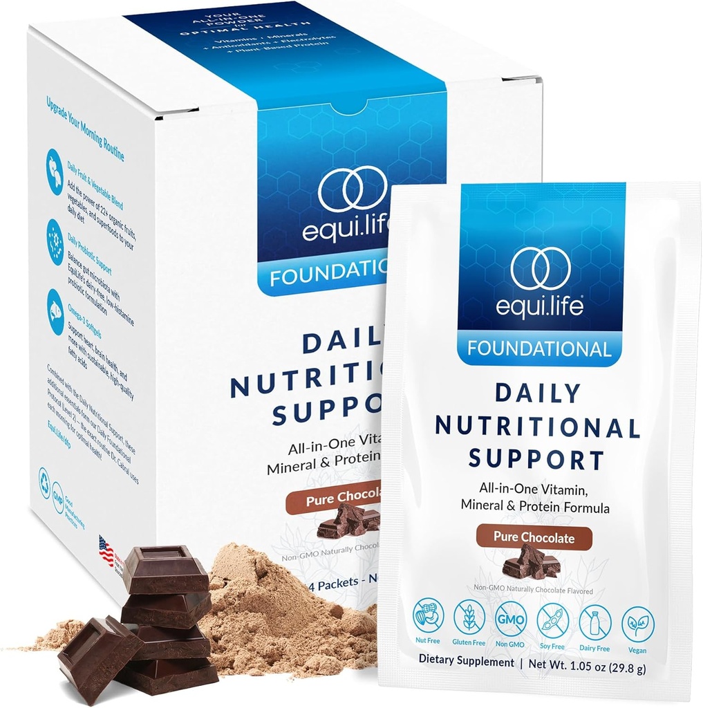 Equilife Daily Nutritional Support, All-in-One Multivitamiini Meal Asendamine, Puhas Šokolaadi Maitse, 15G Taimeproteiin, Toetab üldist heaolu, sealhulgas energia, seedimine ja nahk, 14 paketti
