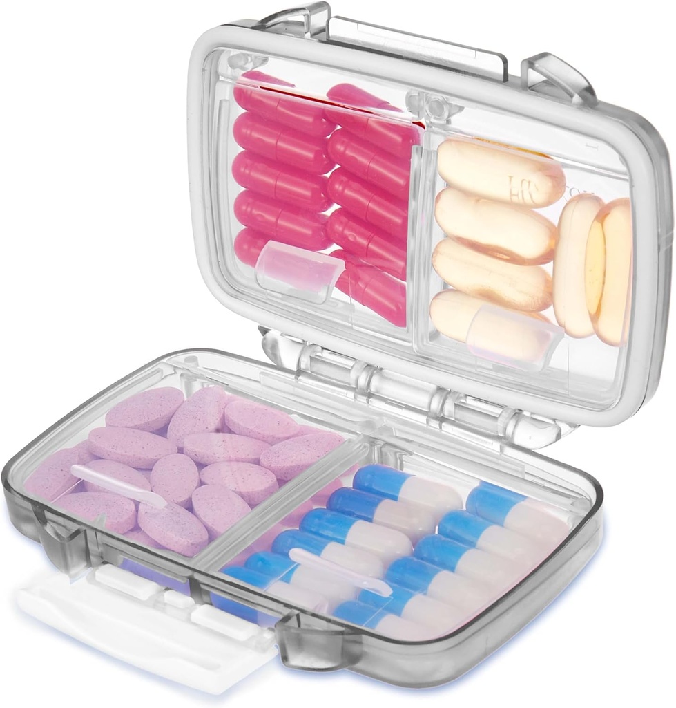 Fullicon Travel Pill Korraldaja, 4 Kompartments Portable Pill Case, Niiskuse Proof Väike Pill Box koos sildid, Travel Pill Case Double Lock, Tasku Apteek Vitamiin D3 ja kalaõli (hall)