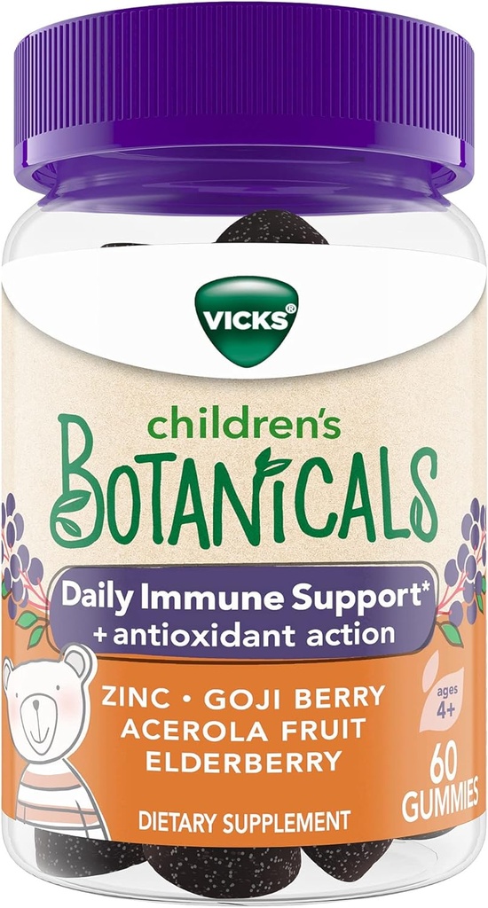 Vicks Laste botaanika Päevane immuuntoetus * + Antioksüdandid, kummikud, valmistatud tsingiga, Goji Berry, Acerola Fruit ja Elderberry, 60 ct