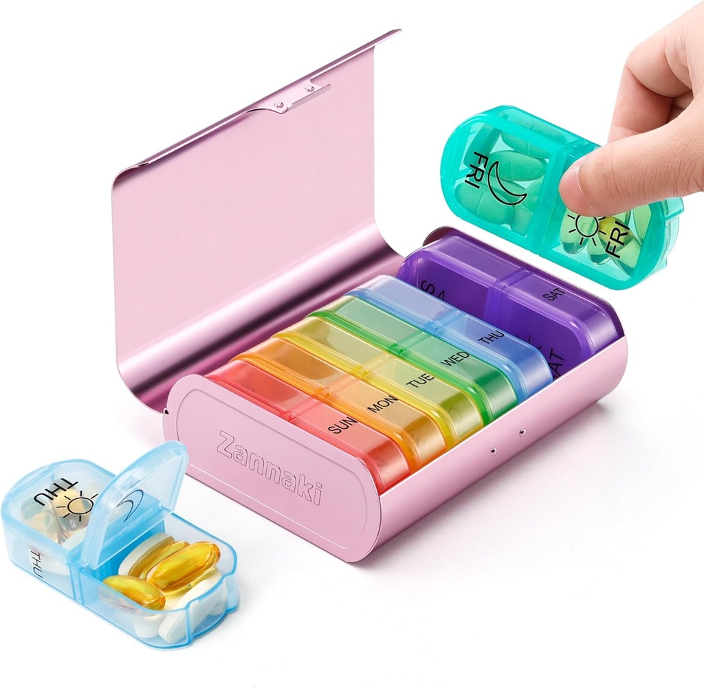 Zannaki Metal XL Weekly Pill Organizer 2 korda päevas, Big Travel Daily Pill Box 7 päeva, Portable Week Twice Pill Holder Container, AM PM Pill Case for Medicine Vitamiin Ravimid Supplement, roosa