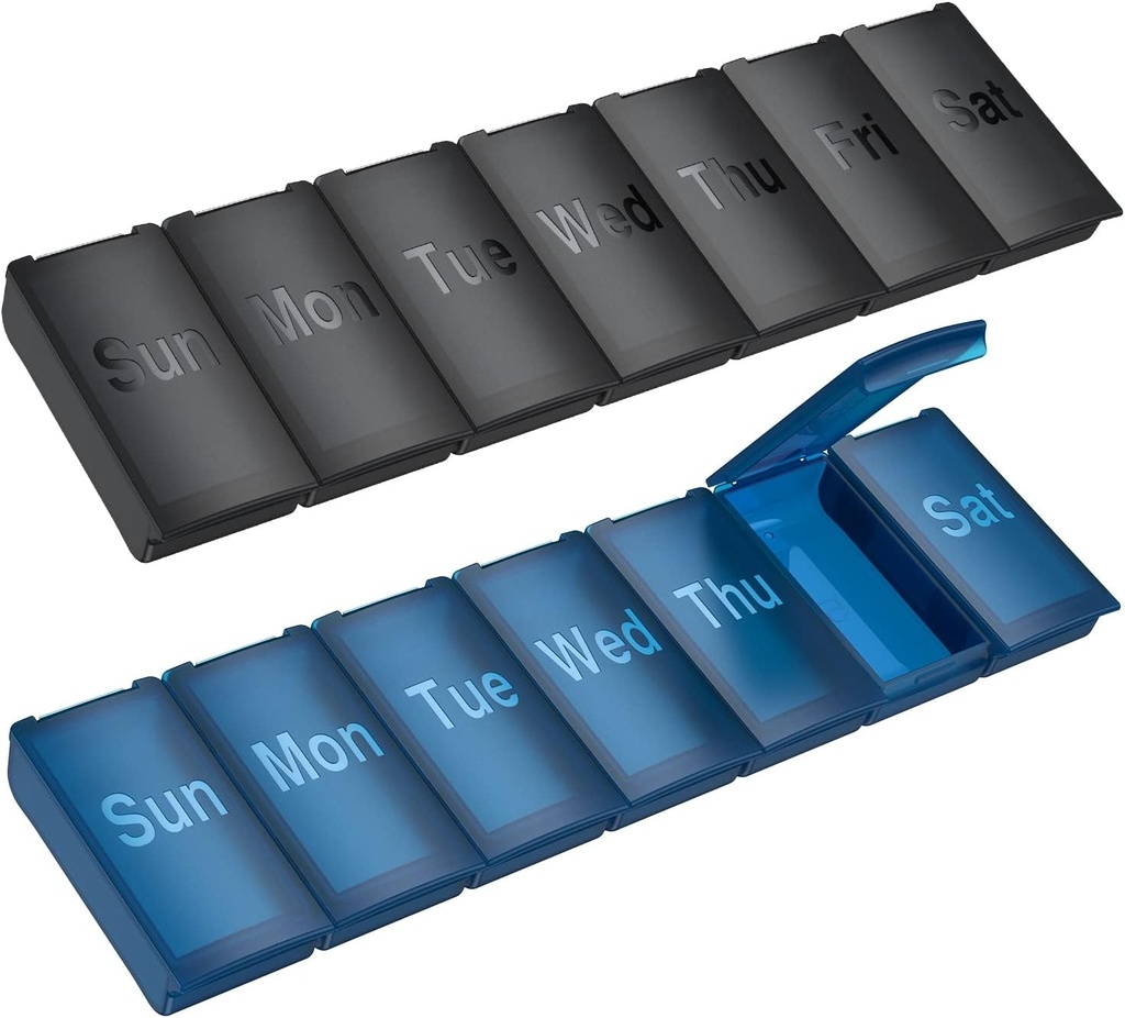 2 Pack Weekly Pill Korraldaja, Suur Päevane Vitamiin Pill Box, Portable Reisi Sõbralik 7 Päeva Pill konteinerid Meditsiin Hoidja, Käekott Outdoor Camping Väike Pill Case Toidulisandid Kalaõli (must + sinine)