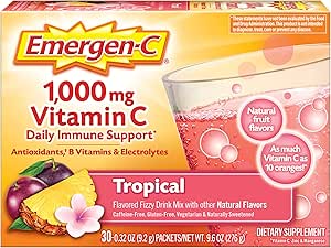 Emergen-C 1000mg C-vitamiini pulber, antioksüdandid, B-vitamiinid ja elektrolüüdid, C-vitamiini lisandid immuunsuse toetamiseks, kofeiinivaba Fizzy joogi segu, troopiline maitse - 30 Count/1 kuu pakkumine