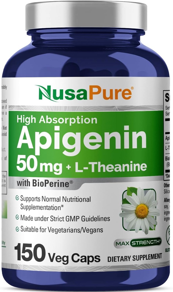 NusaPure Apigenin 50mg & L-Theanine 200mg, 150 Veggie kapslit, bioperiin (GMO-vaba, Gluteenivaba)