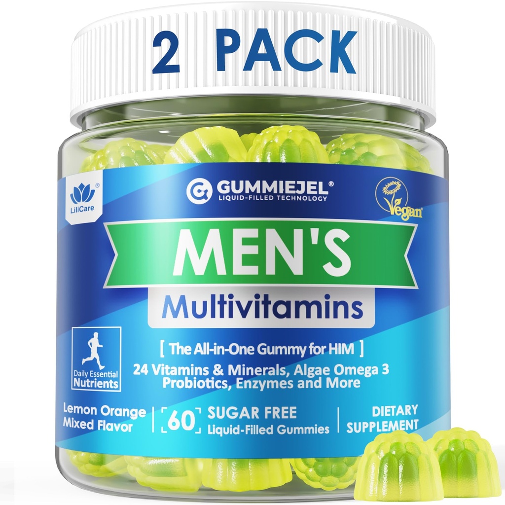 2 Pack - meeste multivitamiinid Gummies, Multiminerals, Vegan Omega 3, CoQ10, probiootikumid, igapäevased mehed vitamiinid A C D E B6 B12, Metüülitud multivitamiinid meestele, energia, immuunsus, suhkruvaba, vegan (ilma rauata)
