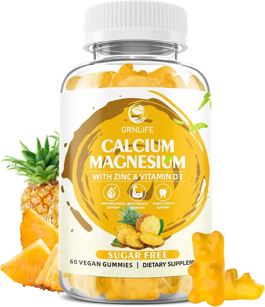 Kaltsium Magneesium Tsink Kummid vitamiin D3, Suhkruvaba Kaltsium Kummid Naistele Meestele, Suur Potentsiaalne Magneesium Gummies Luude Ja Lihaste Ja Immuunsuse Tervis, Ananassimaitse - 60 Count
