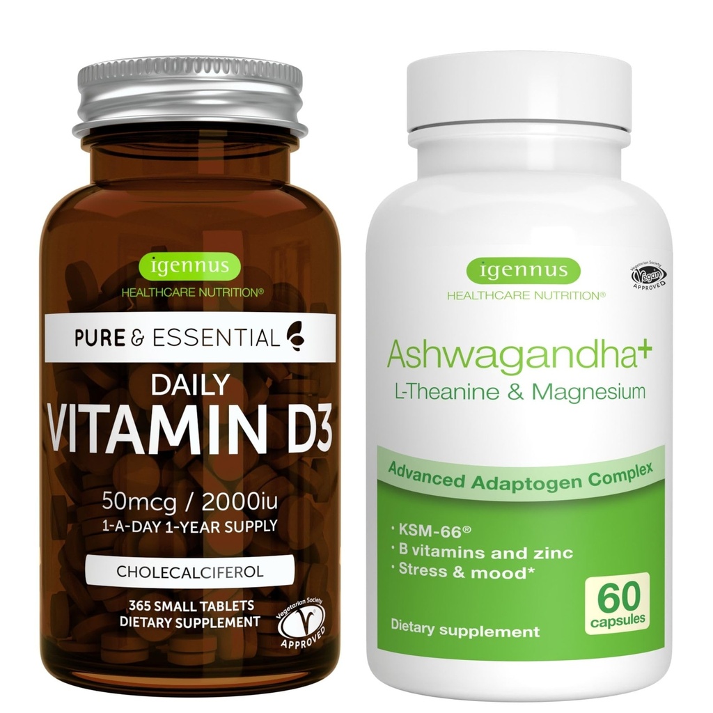 Igapäevane D3-vitamiin + Ashwagandha + L-Theanine & Magneesium Vegetarian Bundle, 365 2000iu D3-vitamiini tabletid + 600mg KSM-66 Ashwagandha koos tsink & B-vitamiinidega, Igennus