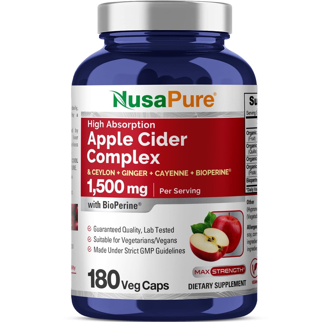 NusaPure Õunasiidri äädikakompleks 1500 mg 180 Veg Caps Sobib taimetoitlastele ja veganitele, mitte-GMO
