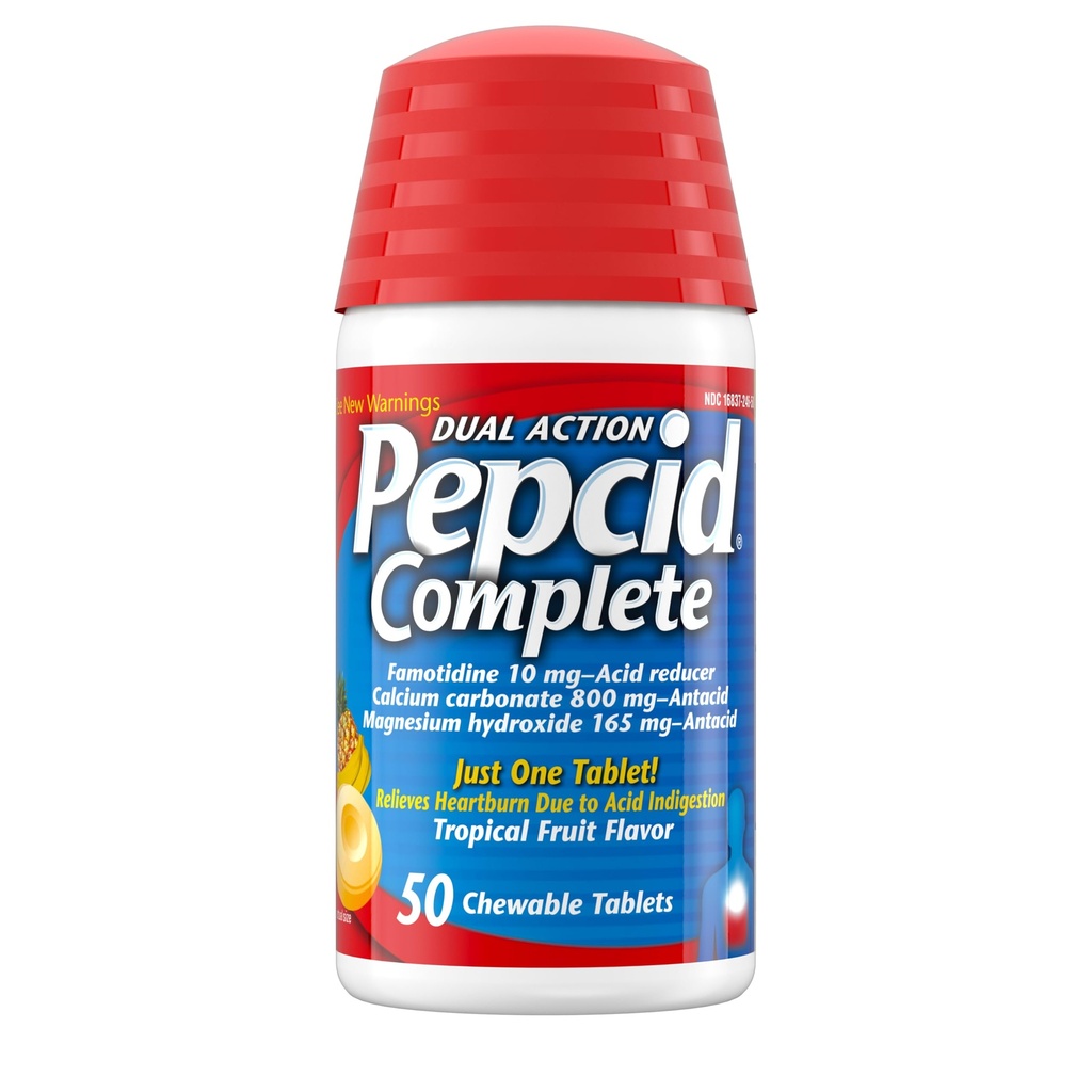 Pepcid Complete Acid Refluks + Antacid for Acid Refluks, 10mg Famotidine, 800mg Kaltsiumkarbonaat & 165mg Magneesiumhüdroksiid kõrvetiste tableti kohta, Antacid Chews, Tropical Fruit, 50 ct