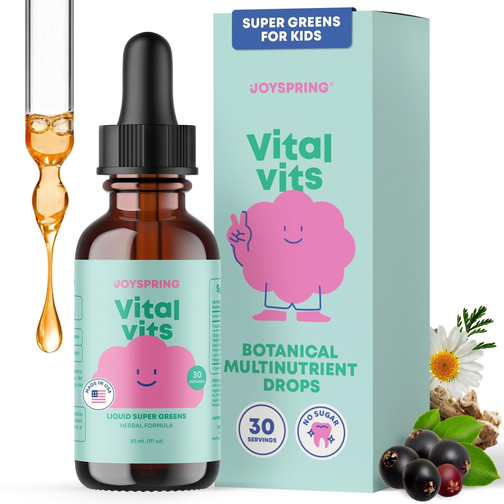 JoySpring Vital Vits - Kids Vedel Multivitamiin - 1 fl oz (30 Servings) | Taimsed vedelad vitamiinid lastele | Looduslik maitse | Väikelapse multivitamiin koos Elderberry, Spirulina ja veel