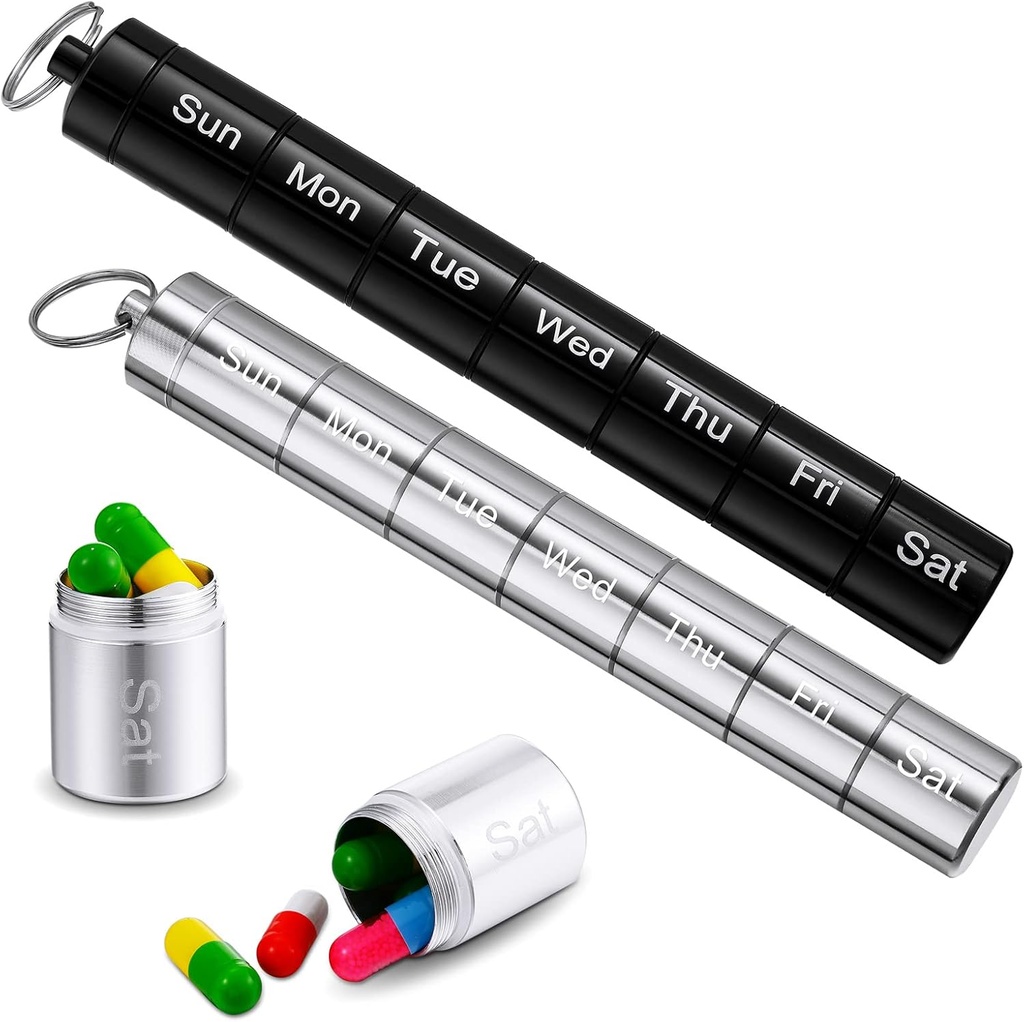 Vesici 2 Pack Metal Weekly Pill Korraldaja Reisi pillid Konteiner Keychain 7 päeva Nädala veekindel Väikesed kapslid Hoidja Karp Stackable Naistele Mehed Reisimine Välismaal (Must, hõbe)