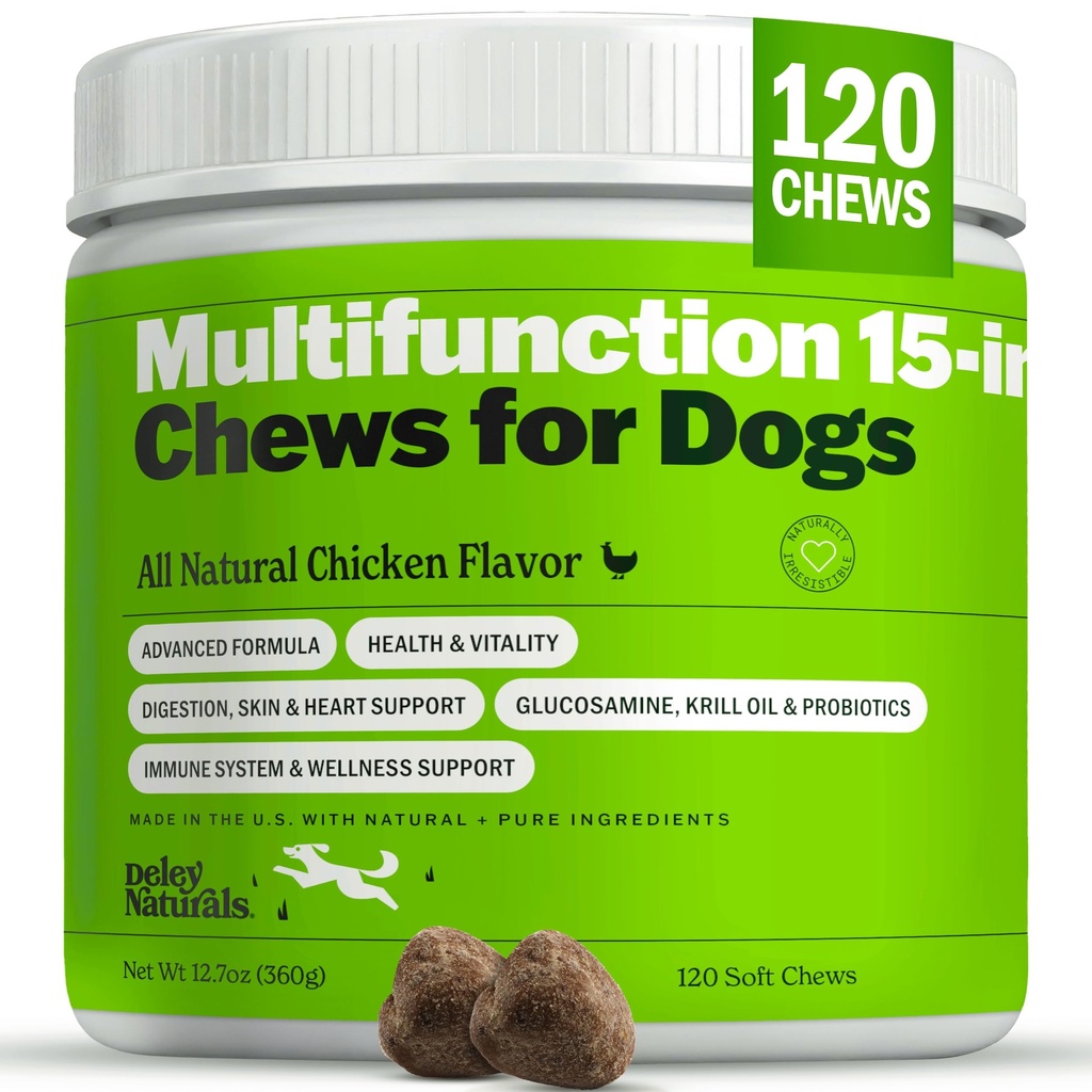 Deley Naturals 15 in 1 Multivitamiin koertele - Täielikud koera vitamiinid ja toidulisandid immuunsuse toetamiseks, liigeste, naha, seedimise, südame ja üldise tervise jaoks - igapäevased multifunktsionaalsed toidulisandid - 120 närimist