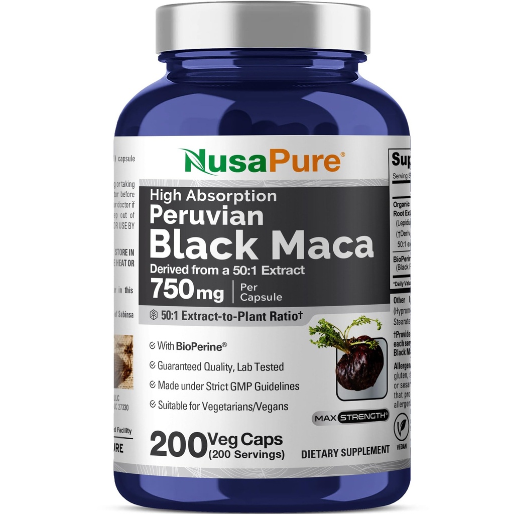 NusaPure Black Maca Root 50: 1 Ekstrakt, 750 mg, mis vastab 37,500 mg 200 Veggie per caps (Vegan, Non-GMO)