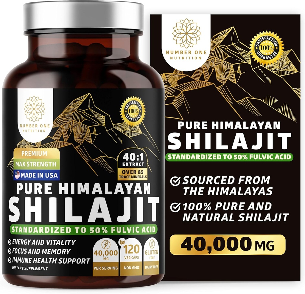 Pure Himalayan Shilajit täiendus meestele ja naistele, [40 000MG, Max Strength] Sisaldab 50% Fulvic Acid üle 85 Trace Minerals toetada energiat, aju ja immuunsust, 120 Veg Caps