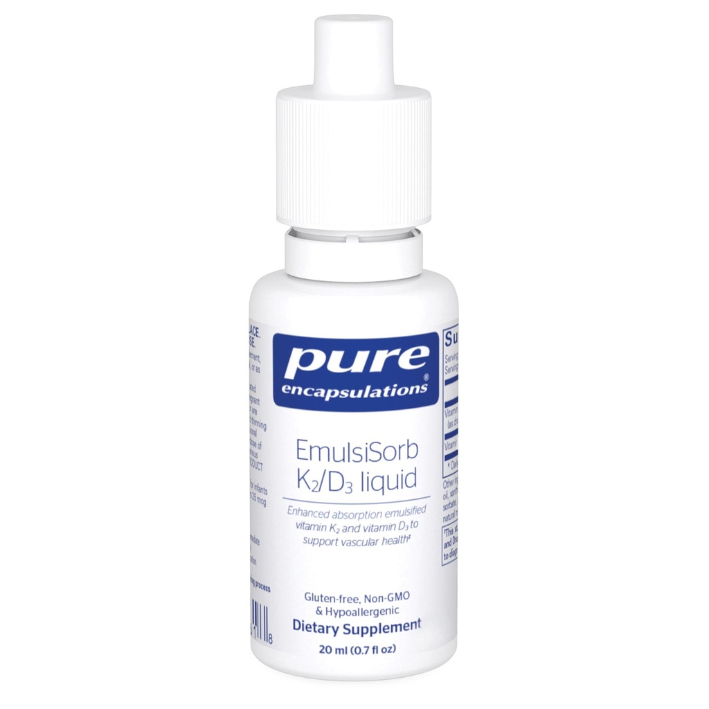 Puhas kapseldamine EmulsiSorb K2/D3 vedelik | tõhustatud imendumine Emulgeeritud K2-vitamiin ja D3-vitamiin veresoonte tervise toetamiseks | 0, 7 Fl Oz