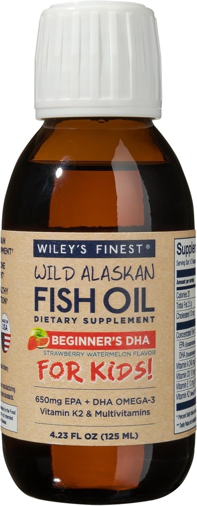 Wiley's Finest Wild Alaska algaja DHA - vedel kalaõli lisand lastele vanuses 1 ja kuni - 650 mg EPA ja DHA Omega-3 - maasika arbuusi maitse - 4,23 Oz (50 serveerimist)