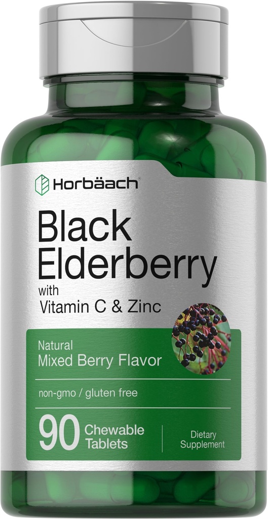 Horbaach Black Elderberry C-vitamiini ja tsink | 90 närimistabletti | Segatud marjamaitse | Immuunsüsteemi tugikompleks | Taimetoitlane, mitte-GMO ja gluteenivaba toidulisand