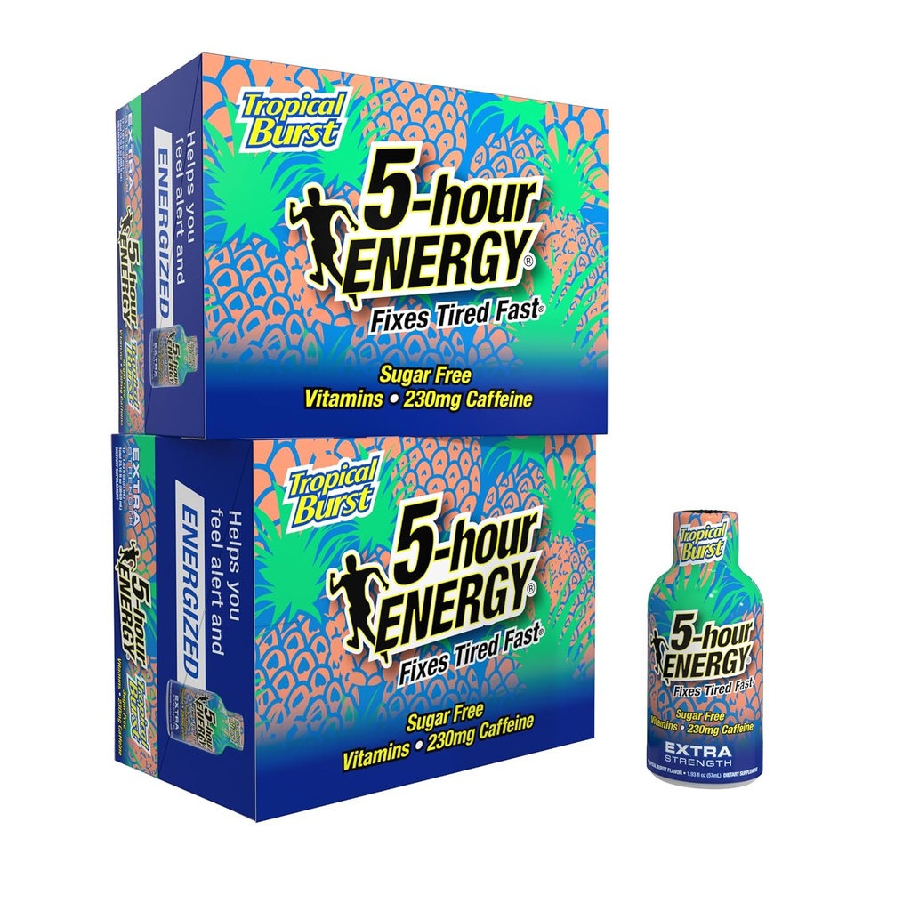 5-tunnine Energy Extra Tugevus Energia Shot, Tropical Burst Maitse (1,93 oz., 24 Count) Nullkalorid & Suhkruvaba 230 mg Kofeiiniga Shot, Aminohapped & B-vitamiinid, toidulisandid