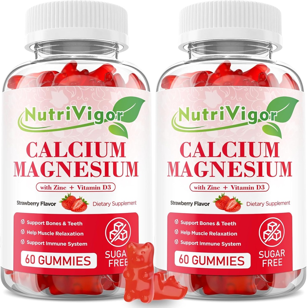 Kaltsium Magneesium Tsink Gummies kõrge neeldumise Magneesium 300mg, kaltsiumilisandi D3 luu, lihased ja immuuntoetus lastele ja täiskasvanutele, maasikamaitse, 120 krahv