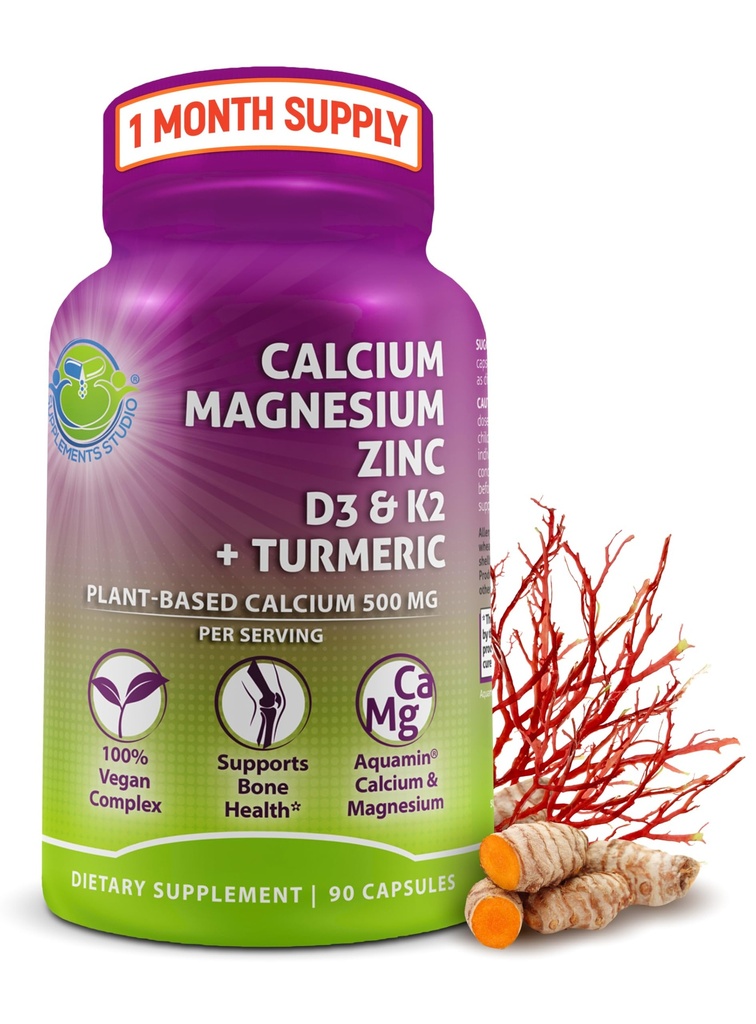 Taimepõhine kaltsium 500mg (akvamin) - Vegankaltsium Magneesium Tsink D3 vitamiiniga K2 ja orgaaniline kurkum - täiustatud luu ja lihaste tervis ja tugevus, immuunsuse tugi naistele ja meestele - 90 loend