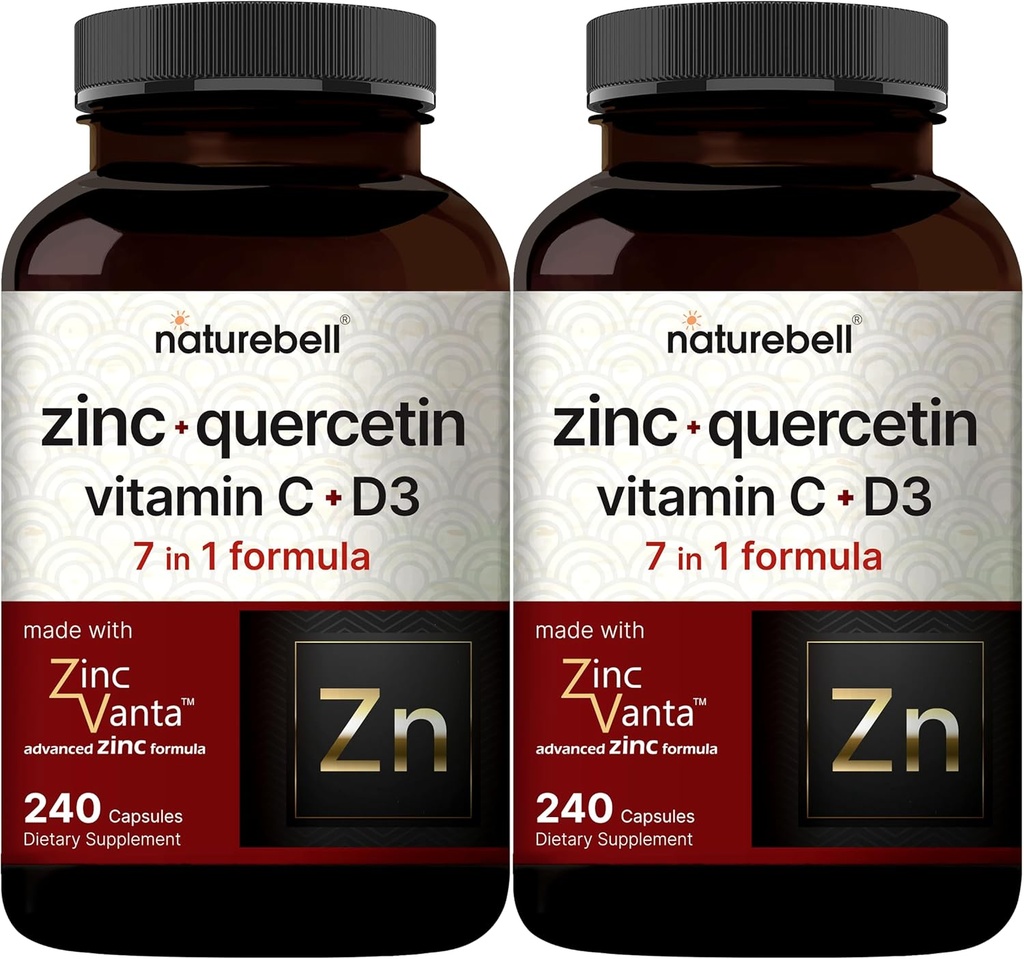 NatureBell Zinc Quercetin with Vitamin C & D3, 480 Capsules (2 Pack) | Quercetin 1,000mg + Zinc 50mg + Vitamin C 250mg + Vitamin D3 5,000 IU | 4-in-1 Advanced Immune & Lung Support | ZincVanta Formula