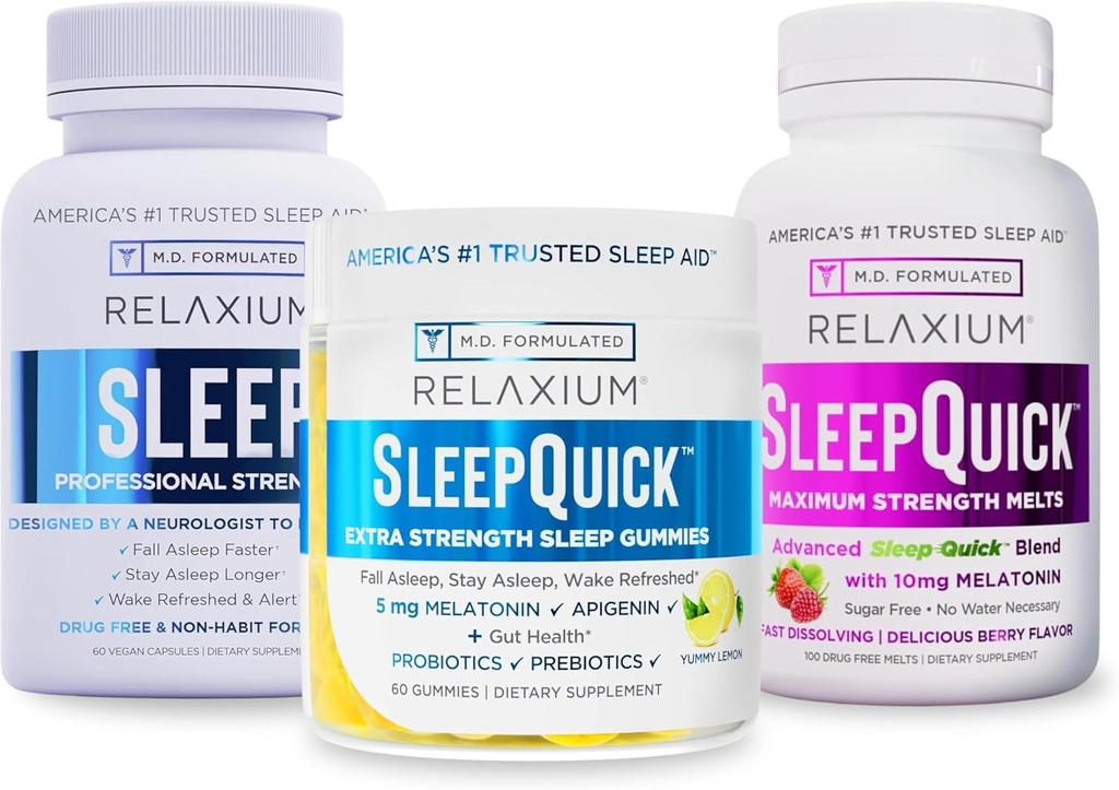 Relaxium Sleep | 60 kapsel + Sleep Quick sulab + kummikud (perekond Pack Sleep Bundle)