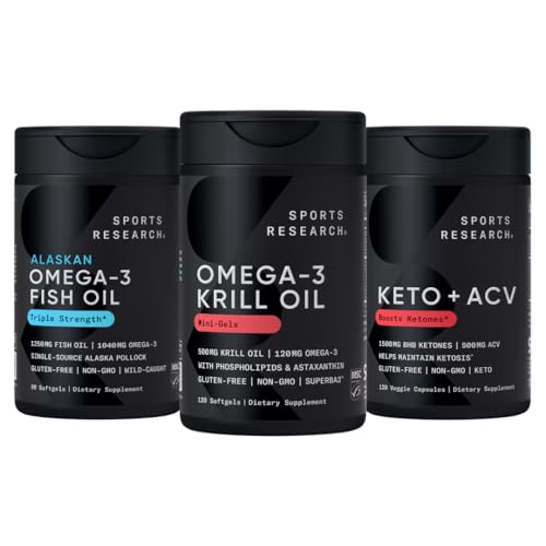 Spordiuuringute kolmekordne tugevus Omega-3 kalaõli, Antarktika krillõli + fosfolipiidid, koliin ja astaksantiin Mini-Softgels, Keto Plus ACV 500mg Apple'i siidriäädikat ja 1500mg goBHB Eksogeensed ketoonid