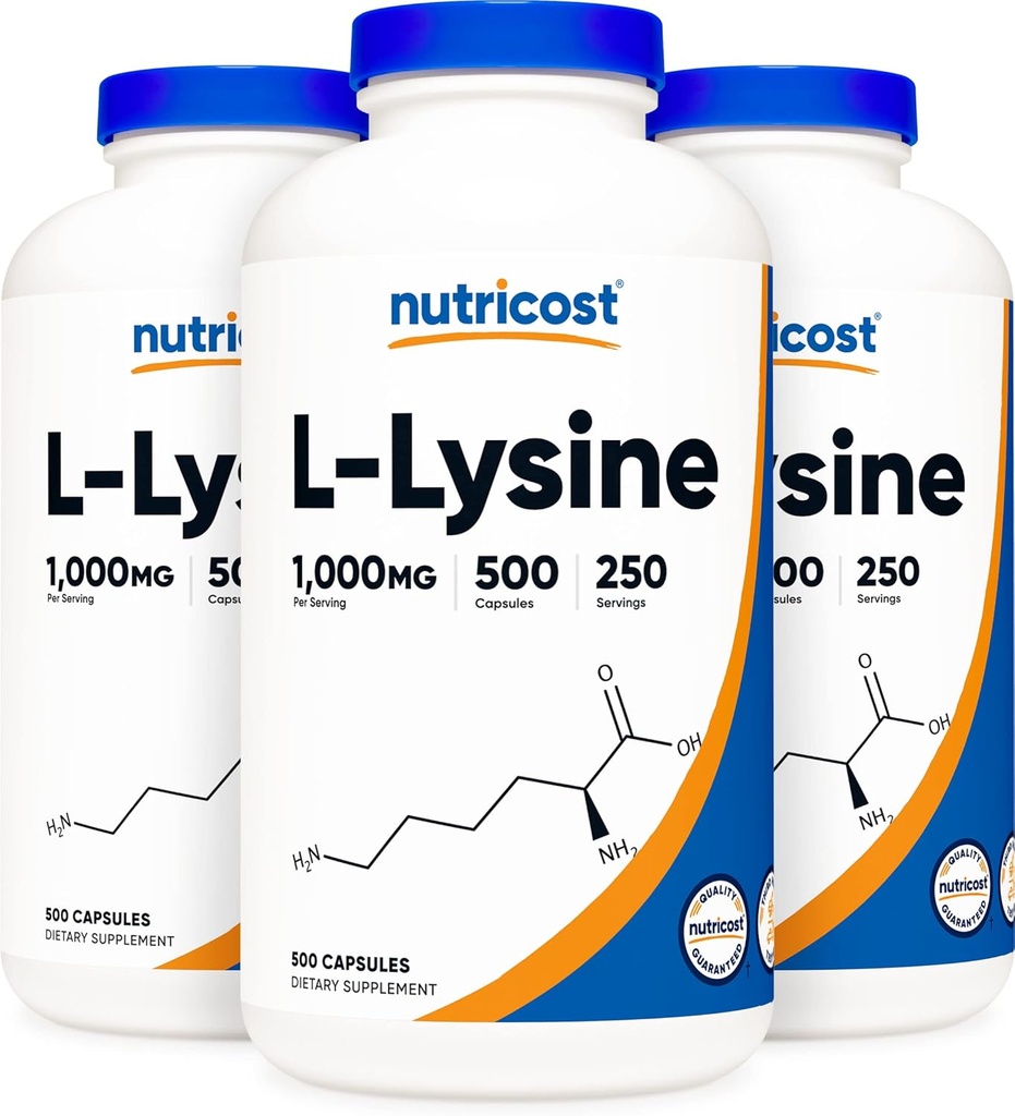 Nutricost L-Lysine 500mg (1000mg Serving), 500 kapslit (3 pudelit)