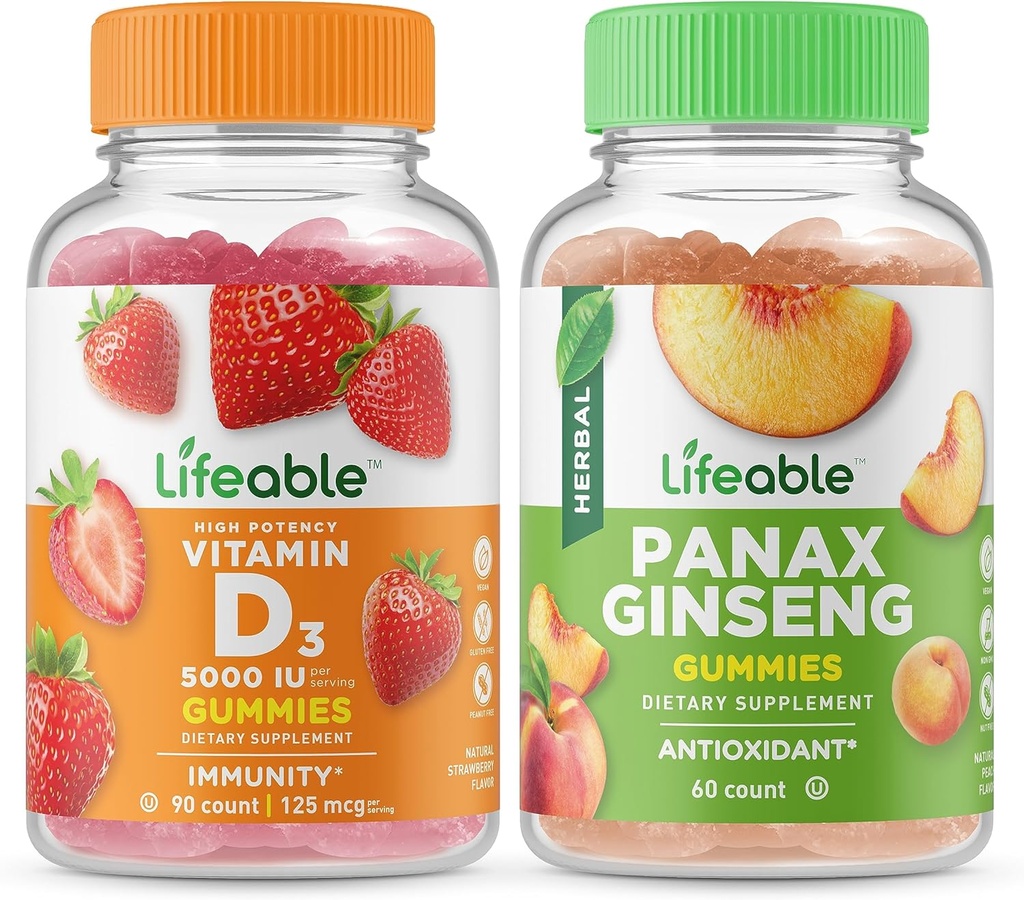 Elujõuline D-vitamiin 5000 IU + Panax ženšenn, Gummies Bundle - suurepärane maitse, vitamiinilisand, Gluteenivaba, GMO-vaba, närimiskumm