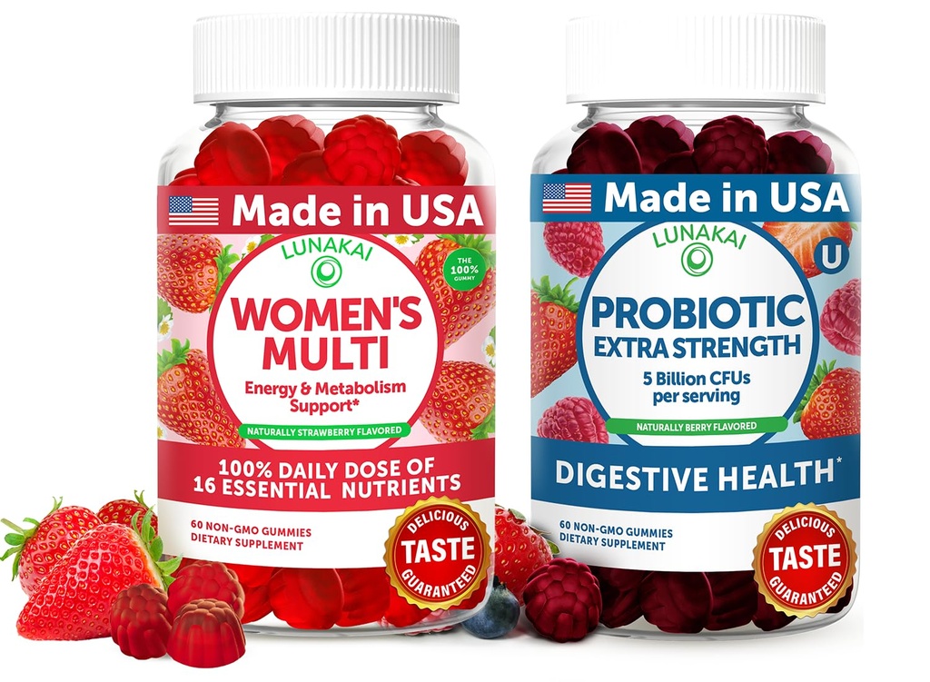 Lunakai USA tegi naiste multivitamiinide ja probiootikumide kummide komplekti - 16 multivitamiini ja probiootikumi seedimise toetamiseks - 60 ct iga